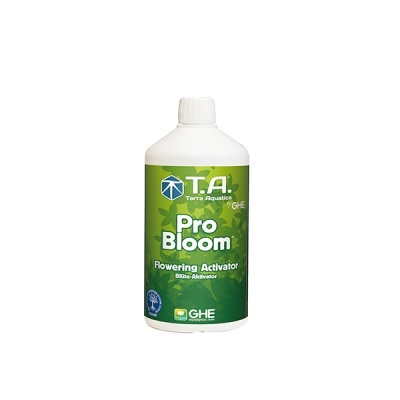 Frasco plástico branco com rótulo verde e texto branco e amarelo de ativador de floração Pro Bloom