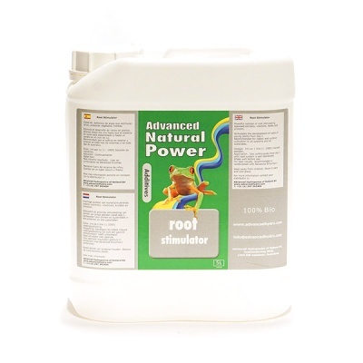 Recipiente branco de aditivo para plantas Advanced Natural Power com rótulo verde e sapo