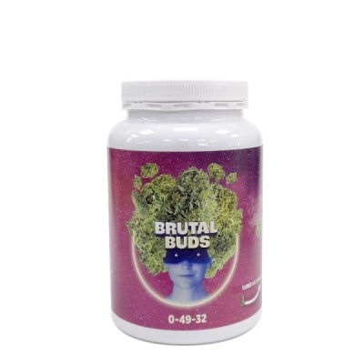 Frasco branco com etiqueta rosa e texto BRUTAL BUDS