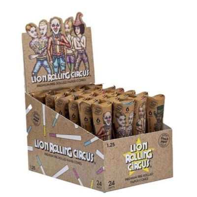 Expositor com cones Lion Rolling Circus com embalagem castanha e personagens ilustrados