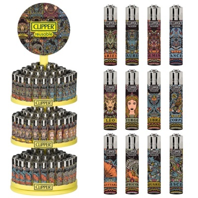 Iisqueiros Clipper reutilizáveis com signos do zodíaco em expositor amarelo