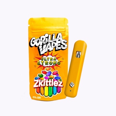 Dispositivo vape amarelo e embalagem amarela com texto Gorilla Vapes Ultra Strong Zkittlez 75% CBD