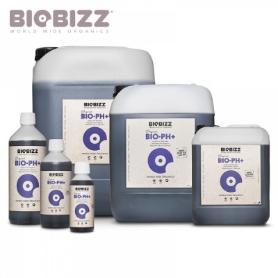 Recipientes cinza claro com rótulos brancos BIOBIZZ BIO-PH+