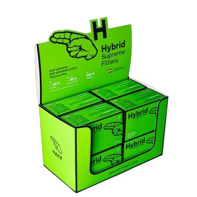 Caixa expositora verde com embalagens de filtros Hybrid Supreme Filters