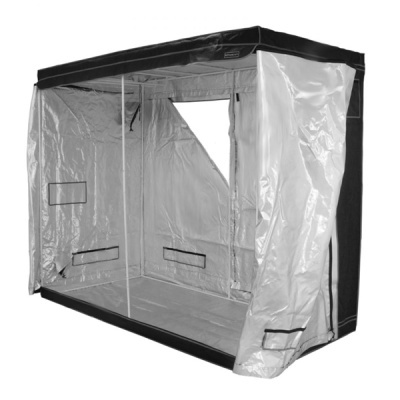 Tenda de cultivo interior prateada com estrutura preta