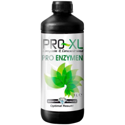 Frasco preto com rótulo branco e verde de produto PRO-XL PRO ENZYMEN