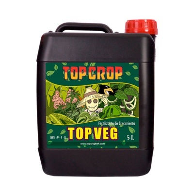 Recipiente preto de 5L com tampa vermelha e rótulo colorido TOP VEG fertilizante