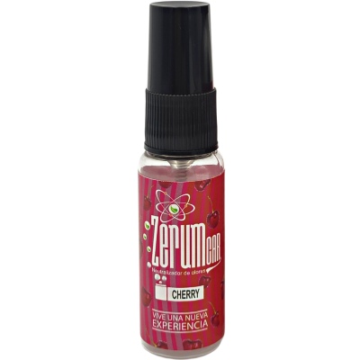 Frasco spray neutralizador Zerum Car Cherry com rótulo vermelho e cerejas
