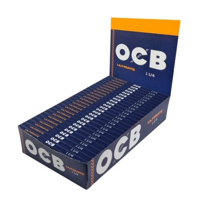 Embalagem azul e laranja com pacotes OCB ULTIMATE 1 1/4