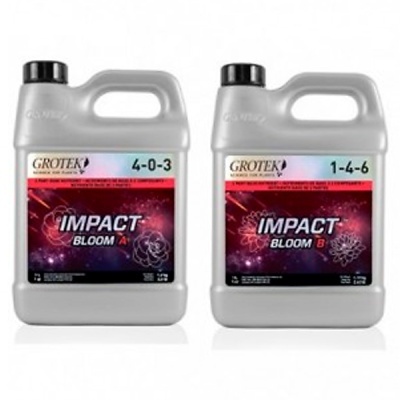Dois recipientes de líquido com rótulos GROTEK IMPACT BLOOM A e B em fundo branco