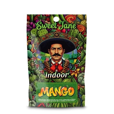 Embalagem colorida com texto Sweet Jane, Indoor e Mango e figura masculina com bigode e chapéu mexicano.