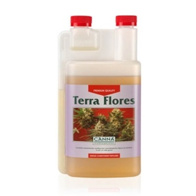Frasco plástico translúcido com tampa vermelha e rótulo Terra Flores com imagem de flores