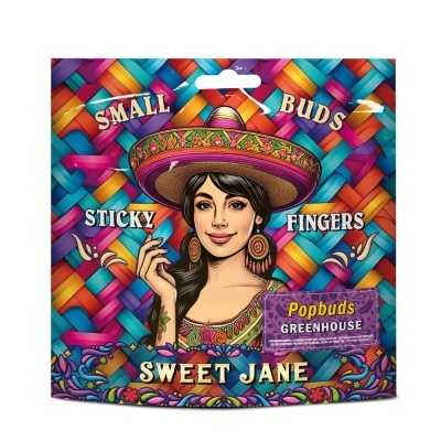 Embalagem colorida com mulher de chapéu mexicano e texto Popbuds GREENHOUSE e Sweet Jane