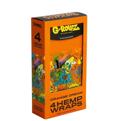 Caixa laranja de papéis de cânhamo G-ROLLZ Amsterdam com 4 unidades e ilustração colorida