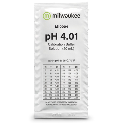 Embalagem branca de solução tampão de calibração pH 4.01 da marca milwaukee com tabela e texto