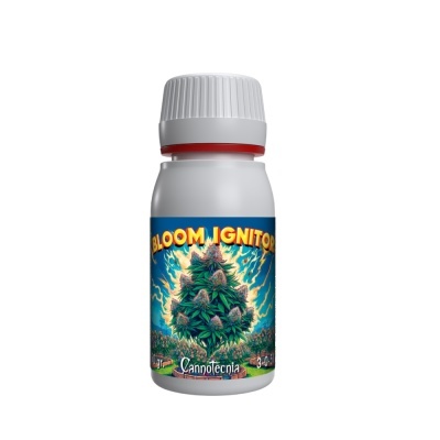 Frasco branco com rótulo de planta florescente e texto Bloom Ignitor