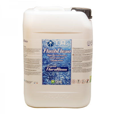 Bidão branco plástico com rótulo azul e texto em inglês de produto químico