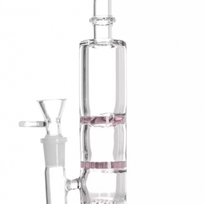 bong de vidro transparente com detalhes em rosa e três câmaras empilhadas