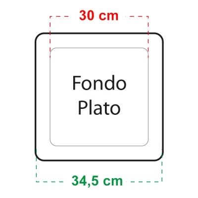 Prato fundo quadrado branco com texto e dimensões marcadas.