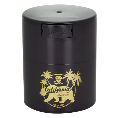 Frasco preto fosco com estampa dourada e tampa com botão 'press'.