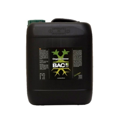 Recipiente preto de plástico com etiqueta preta com texto Organic Grow BAC e tampa verde