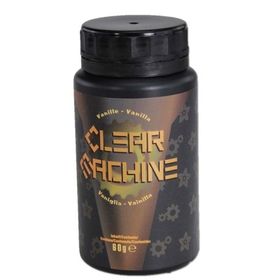 Frasco preto com etiqueta preta e castanha da CLEAR MACHINE baunilha 60g