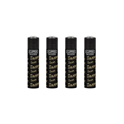 Quatro isqueiros Clipper pretos com texto dourado RAW e etiqueta CLIPPER reusable