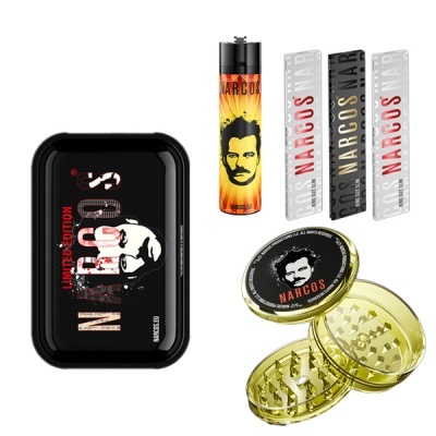 Conjunto de acessórios Narcos com caixa preta, isqueiro, papéis de tabaco e triturador amarelo