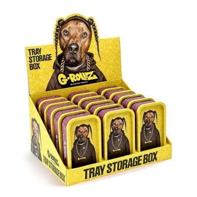 Caixas de armazenamento G-ROLLZ com imagem de cão e expositor amarelo