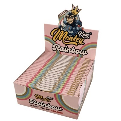 Caixa rosa de papéis de enrolar King Monkey Rainbow com design colorido e arco-íris