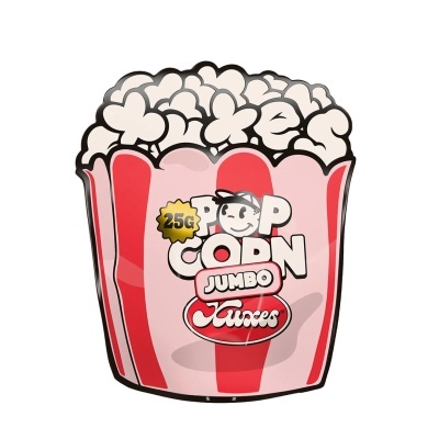 Embalagem de pipocas Jumbo Mixes 25G com cores vermelha e rosa e desenho de pipocas.