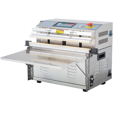 Máquina embaladora metálica com painel digital e mesa extensível