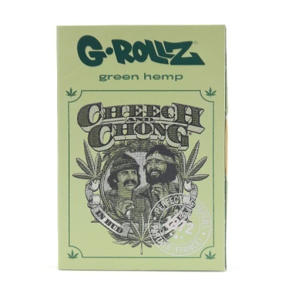 Embalagem verde G-ROLLZ green hemp com ilustração e texto CHEECH CHONG