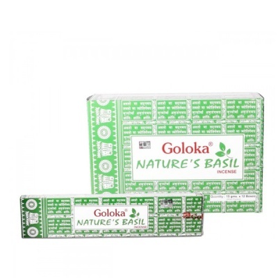 Pacotes de incenso Goloka Natures Basil verdes e brancos com texto e símbolos tradicionais.