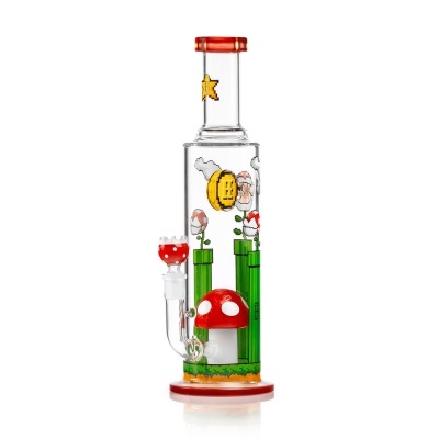 Bong de vidro transparente com decoração de videojogo pixel art e elementos coloridos
