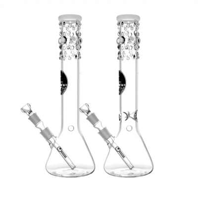 Dois bongs de vidro transparente com base tipo beaker e bolhas decorativas