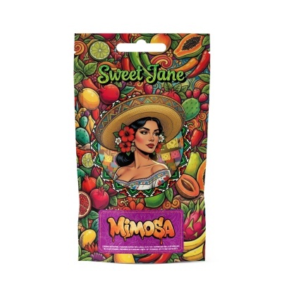 Embalagem colorida Mimosa Sweet Jane com ilustração feminina e frutas.
