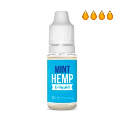 Frasco de e-líquido Mint Hemp com rótulo azul e tampa branca