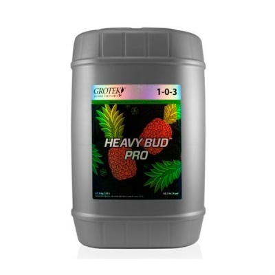 Recipiente cinzento com rótulo de ananases e texto Heavy Bud Pro