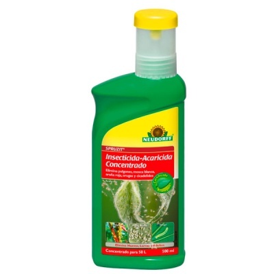 Frasco verde com tampa amarela de inseticida-acaricida Neudorff Spruzit