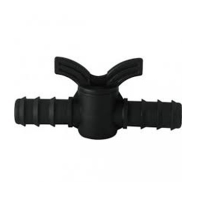 Válvula de plástico preto com duas conexões e alavanca borboleta