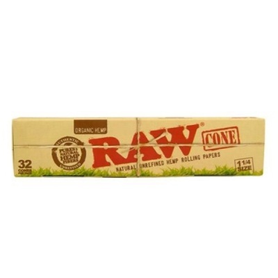 Embalagem de cones RAW de papel de cânhamo orgânico com texto em vermelho e castanho