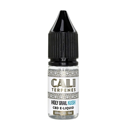 Frasco de líquido CBD com rótulo CALI TERPENES HOLY GRAIL KUSH