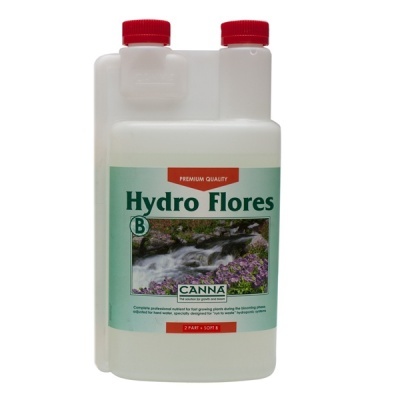 Frasco plástico branco com tampa vermelha de fertilizante Hydro Flores B da CANNA com etiqueta verde e imagem de flores e água
