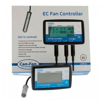 Controlador de ventoinha EC Can-Fan preto e azul com sensor metálico, caixa com texto em inglês
