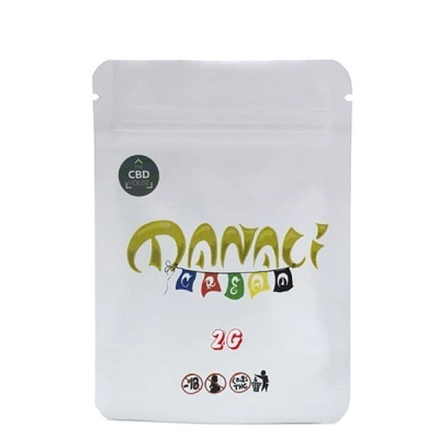 Embalagem branca de plástico de CBD MANACI CBD TEAM 2g com símbolos de restrição e descarte