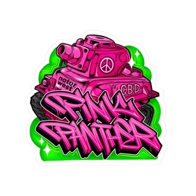 Ilustração de tanque rosa com textos natur west, CBD e PINK PANTHER em grafitti