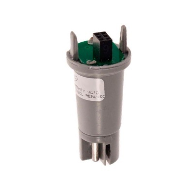 Produto eletrónico cilíndrico cinzento com base verde e pinos metálicos