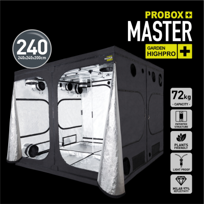 Tenda de cultivo preta com interior prateado e texto PROBOX MASTER GARDEN HIGHPRO