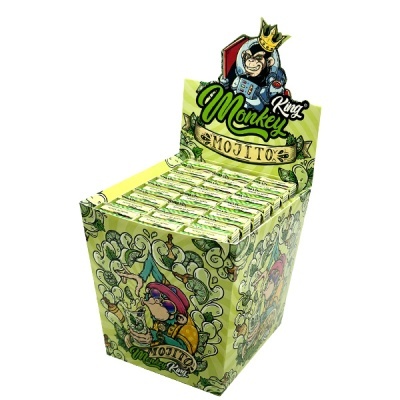Expositor de palhetas de guitarra Monkey King Mojito com ilustrações de macacos verdes e amarelos